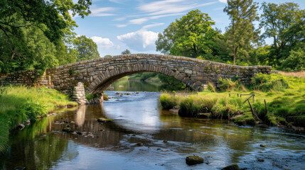 Historic stone bridge crossing a tranquil river in a scenic area