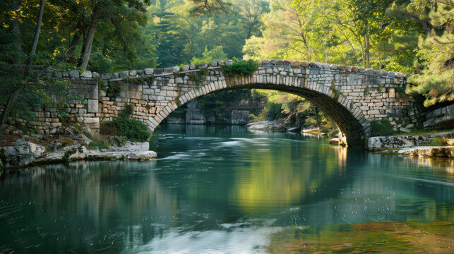 Historic stone bridge crossing a tranquil river in a scenic area