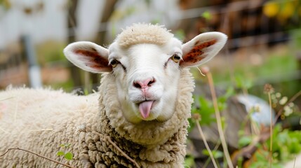 Obraz premium Funny sheep. Portrait of sheep showing tongue. 