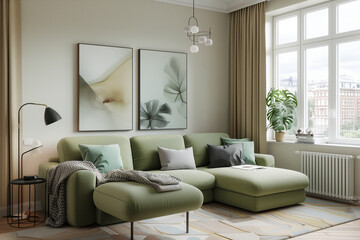 Green sofa and recliner chair in scandinavian apartment with modern interior room design with plants