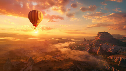 Fototapeta premium Hot air balloon floating over a scenic landscape at sunrise