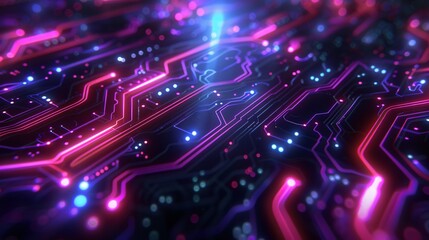 Obraz premium Futuristic Circuit Board with Glowing Neon Lights and Digital Patterns in a High-Tech Environment