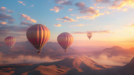 Fototapeta premium Hot air balloons ascending over a desert at dawn