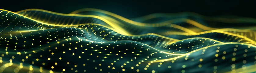 Futuristic Digital Landscape with Abstract Waveforms and Glowing Dots on Dark Background