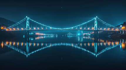 Fototapeta premium Iconic city bridge illuminated at night with reflection on water