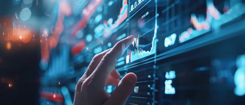 Financial experts analyzing stock data on holographic screens, advanced technology in market analysis, futuristic office environment, high resolution