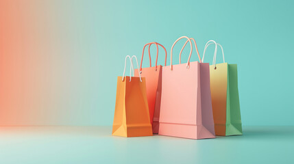3d illustration of A collection of colorful shopping bags stands against a pastel background. The bags are in various shades of orange, pink, and green, creating a vibrant and cheerful scene