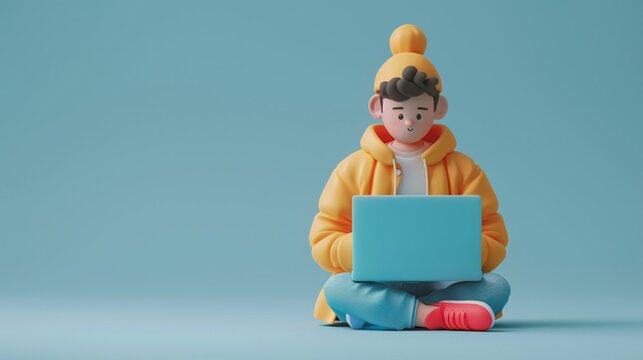 Colorful 3D hacker cartoon character sitting with a laptop on a blue background, wearing winter clothes. Modern and playful illustration. 3D Illustration.