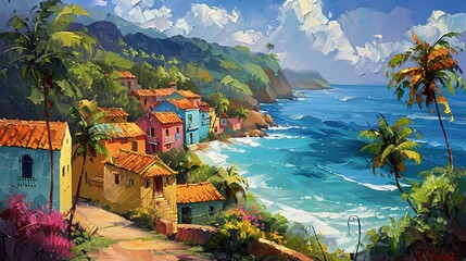 Naklejka premium Vibrant Coastal Village with Colorful Houses and Lush Greenery Overlooking the Ocean