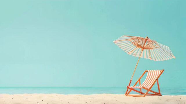 minimalistic tropical island flat illustration with sun umbrella, chair,  water, large empty spac for text, ideal for travel, tourism, and beach vacation promotions, copyspace