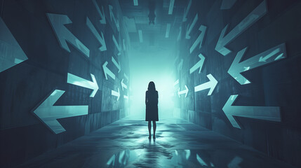 silhouette of a person walking towards a bright light with arrows, symbolizing choice, progress, direction, and moving forward with purpose and clarity