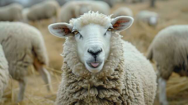 Funny sheep. Portrait of sheep showing tongue. 