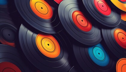 Vibrant Collection of Vintage Vinyl Records with Colorful Labels in a Retro Music Background