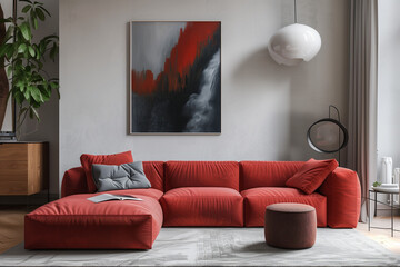 red sofa and recliner chair in scandinavian apartment with modern interior room design with plants