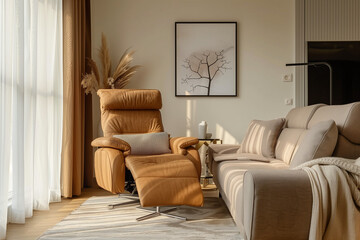 Fototapeta premium brown sofa and recliner chair in scandinavian apartment with modern interior room design with plants