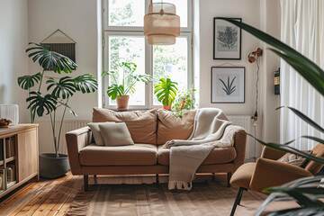 brown sofa and recliner chair in scandinavian apartment with modern interior room design with plants