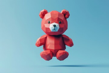 Obraz premium Geometric red teddy bear on a blue background, low poly design. Modern and stylish 3D illustration of a cute bear. 3D Illustration.
