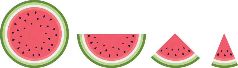 A set of whole, half, quarter and cut watermelon slices on a transparent background.  Isolated vector illustration.