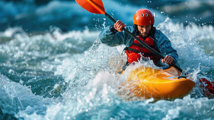 Kayaker navigating whitewater rapids in a river