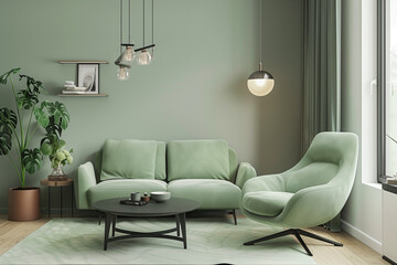Green sofa and recliner chair in scandinavian apartment with modern interior room design with plants