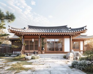 Naklejka premium Traditional hanok with modern rainwater harvesting system