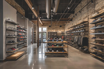 Modern Urban Sneaker Shop Interior with Trendy Footwear Display, Industrial Design Concept