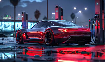 Electric vehicle charges at a station, enabling extended range and high-speed charging capabilities via a network of charging stations. illustration images