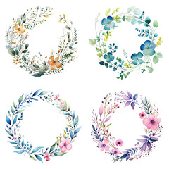 Watercolor painted frame, wreaths, sets with flowers leaves and branches, floral frames illustration, greeting card vector design, isolated on transparent background