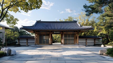 Naklejka premium Traditional Korean gate with integrated photovoltaic glass