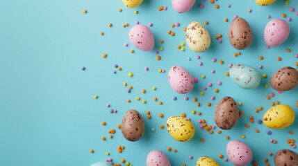 Colorful chocolate Easter eggs on neon blue background with space for text Holiday theme viewed from above