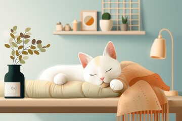A cozy scene featuring a white cat sleeping peacefully on a cushion, surrounded by minimalist home decor in soft, pastel tones.