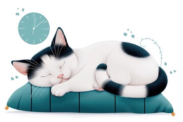 Illustration of a cute black and white cat sleeping on a cushion with a clock in the background. Perfect for relaxation and comfort themes.