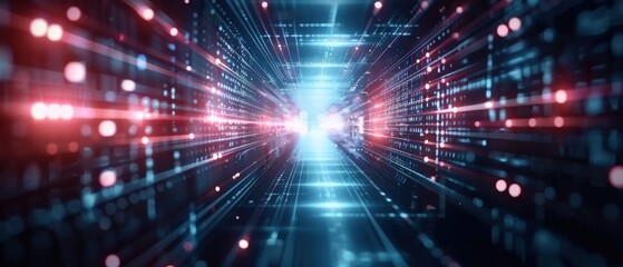 Fototapeta premium Abstract digital corridor with glowing paths, symbolizing data transmission and connectivity, futuristic and high-tech