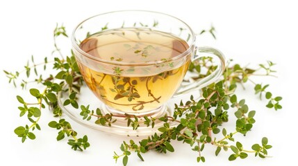 Fresh thyme herbal tea on white background Herbal thyme drink