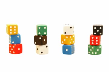 Stacked colorful dice on a white background