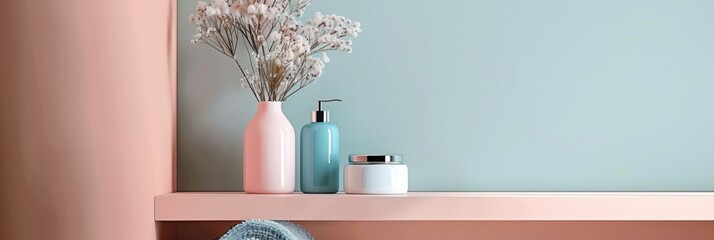 A bathroom shelf with a pink wall and a blue