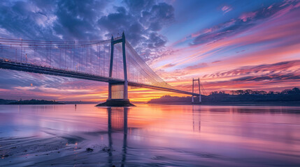 Obraz premium Modern suspension bridge spanning across a wide river at sunset