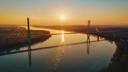 Obraz premium Modern suspension bridge spanning across a wide river at sunset