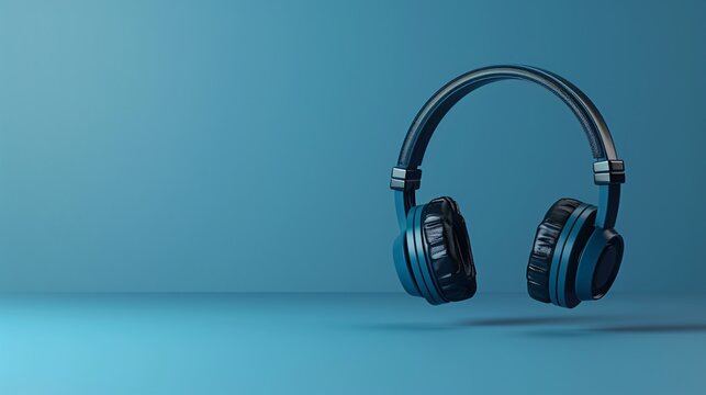 Modern blue wireless headphones with a sleek design on a matching background, highlighting audio technology innovation in music devices. 3D Illustration.