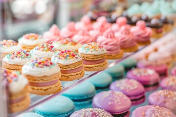 A display of colorful pastries with sprinkles and frosting