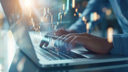 Business executive using a laptop with digital financial charts, representing modern finance and technology, high resolution
