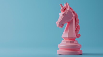 Pink unicorn chess knight against blue background. Modern minimalist design and unique concept for abstract and creative themes. 3D Illustration.