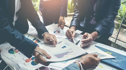 Business team analyzing financial charts and graphs in a collaborative meeting.