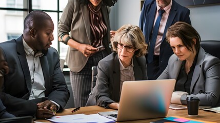 Diverse business team engaged in a serious discussion during a meeting in a modern office.