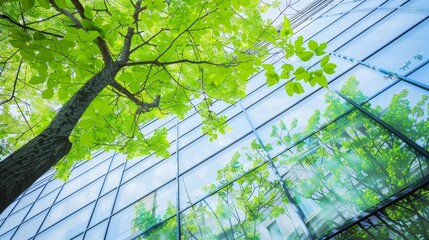 Eco-Friendly Building in Modern City with Green Tree Branches and Sustainable Glass Design for Reducing Heat and Carbon Dioxide. Office Building Embracing Green Environment and Go Green Concept