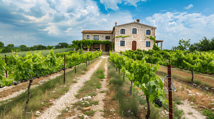 Vineyard with grapevines and stone farmhouse
