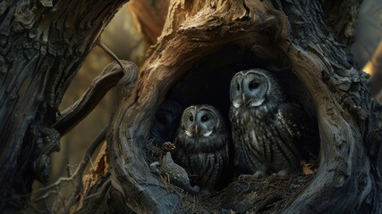 Obraz premium Owls nesting in a hollow tree in a quiet forest