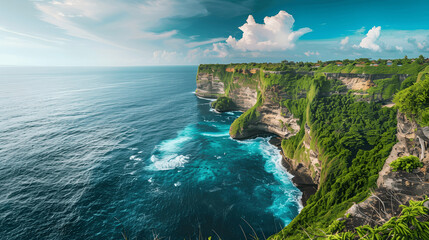 Coastal cliffside with lush greenery and ocean view