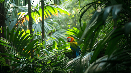 Obraz premium Rainforest with exotic birds and lush foliage