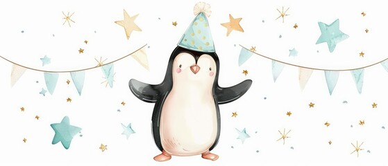 Fototapeta premium Cute penguin watercolor illustration for baby shower, children's room decor, greeting cards, party invitations.